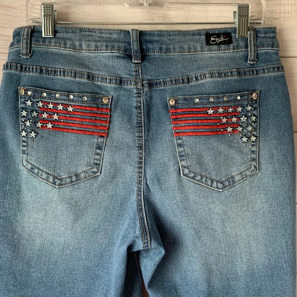 Earl Jeans Bermuda Denim Jean Shorts Patriotic Flag Embellishments Size 12
